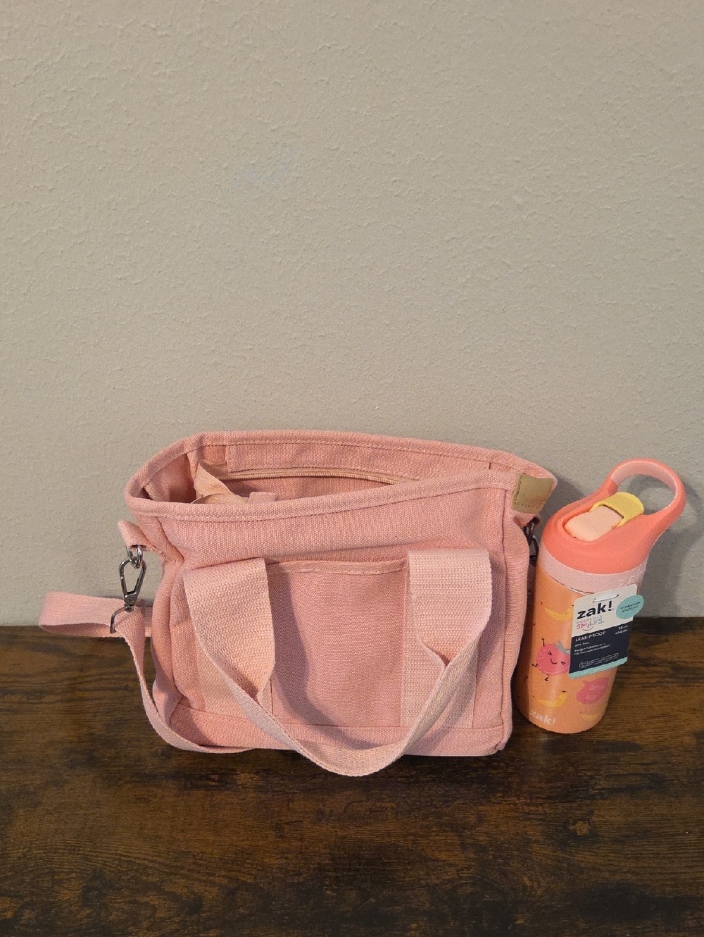 Pink Canvas Tote Crossbody Bag - and cute fruit flip cup